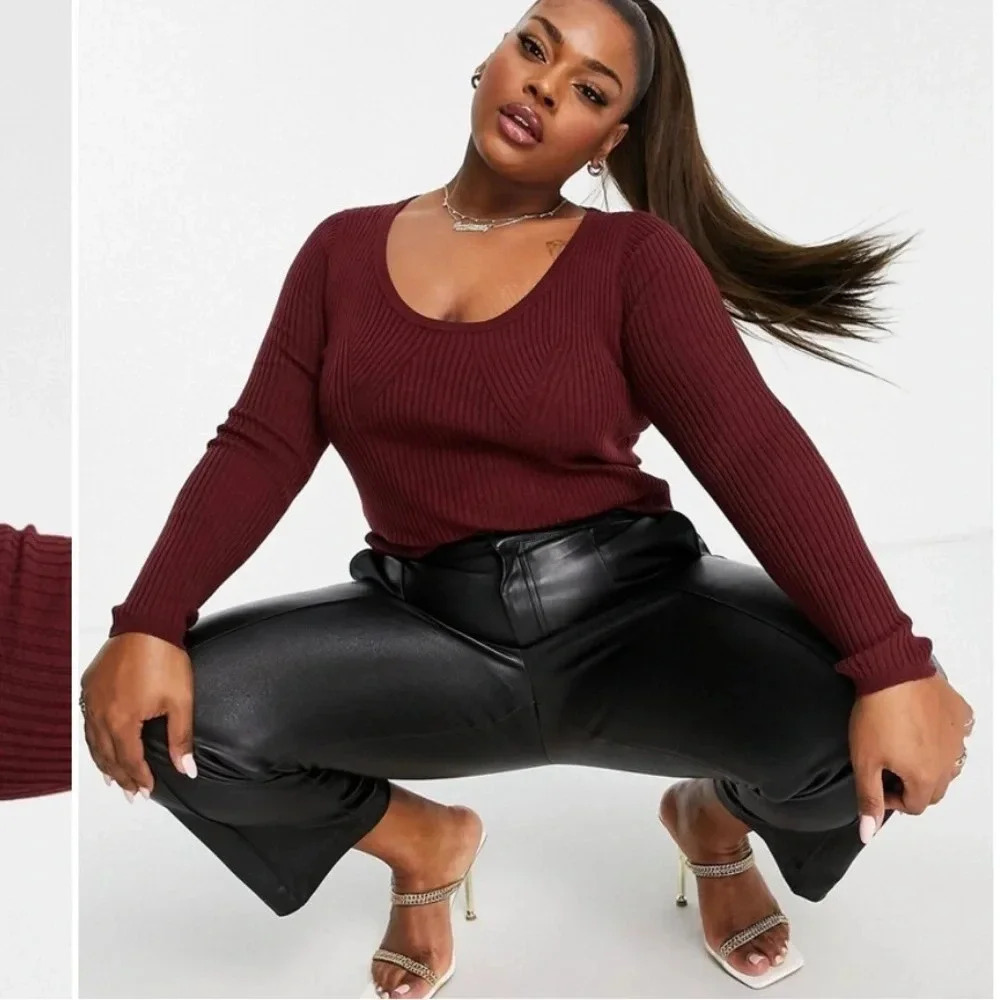 ASOS DESIGN knitted top in rib with round neck in dark red curve size 16